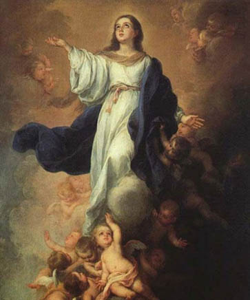 Pintura de Nuestra Señora Asunta al cielo rodeada de ángeles